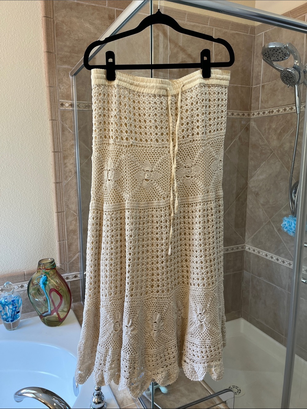 Boston Proper Cream Crochet Maxi Skirt with Drawstring Waist